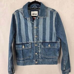 Tommy Hilfiger Denim Trucker Jacket Blue Striped Custom Artistic Back S/P 90's